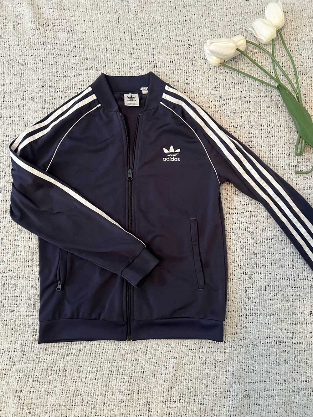 adidas women Navy Track Jacket with White Stripes